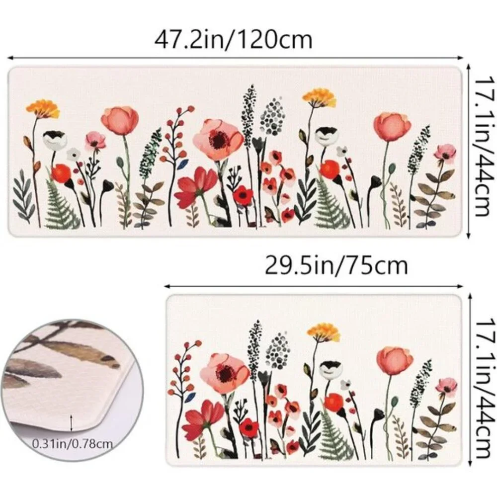 New Colourful Flower Kitchen Mats Set, Anti-Fatigue, Non-Skid, Waterproof